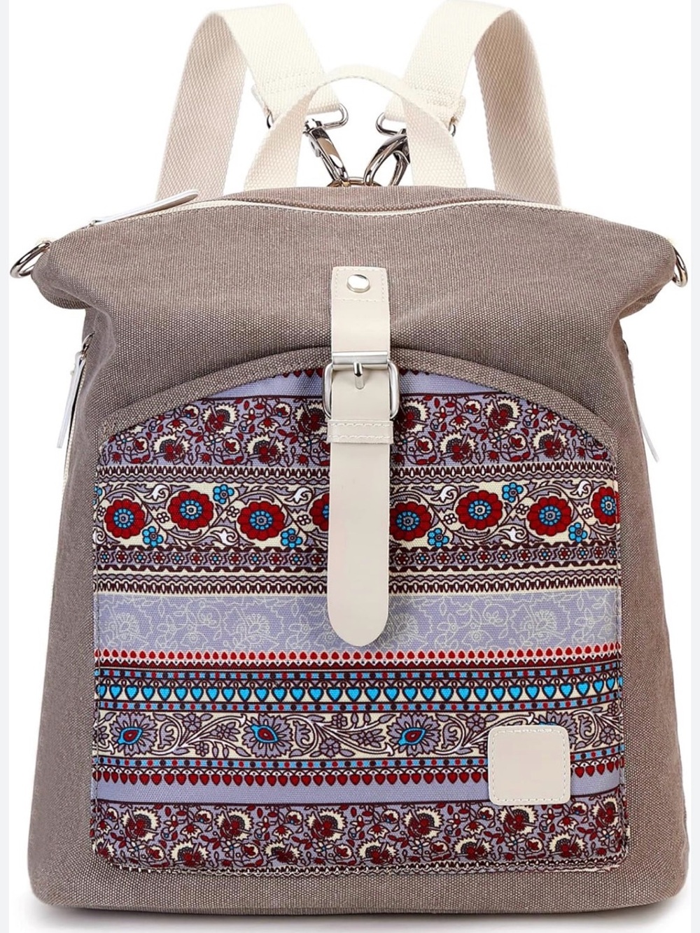Canvas Floral-Print Backpack - Taupe with Multicolor Front Panel